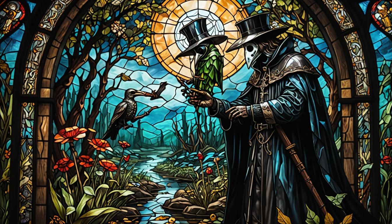Stained Glass Plague Doctor Heals Cherub