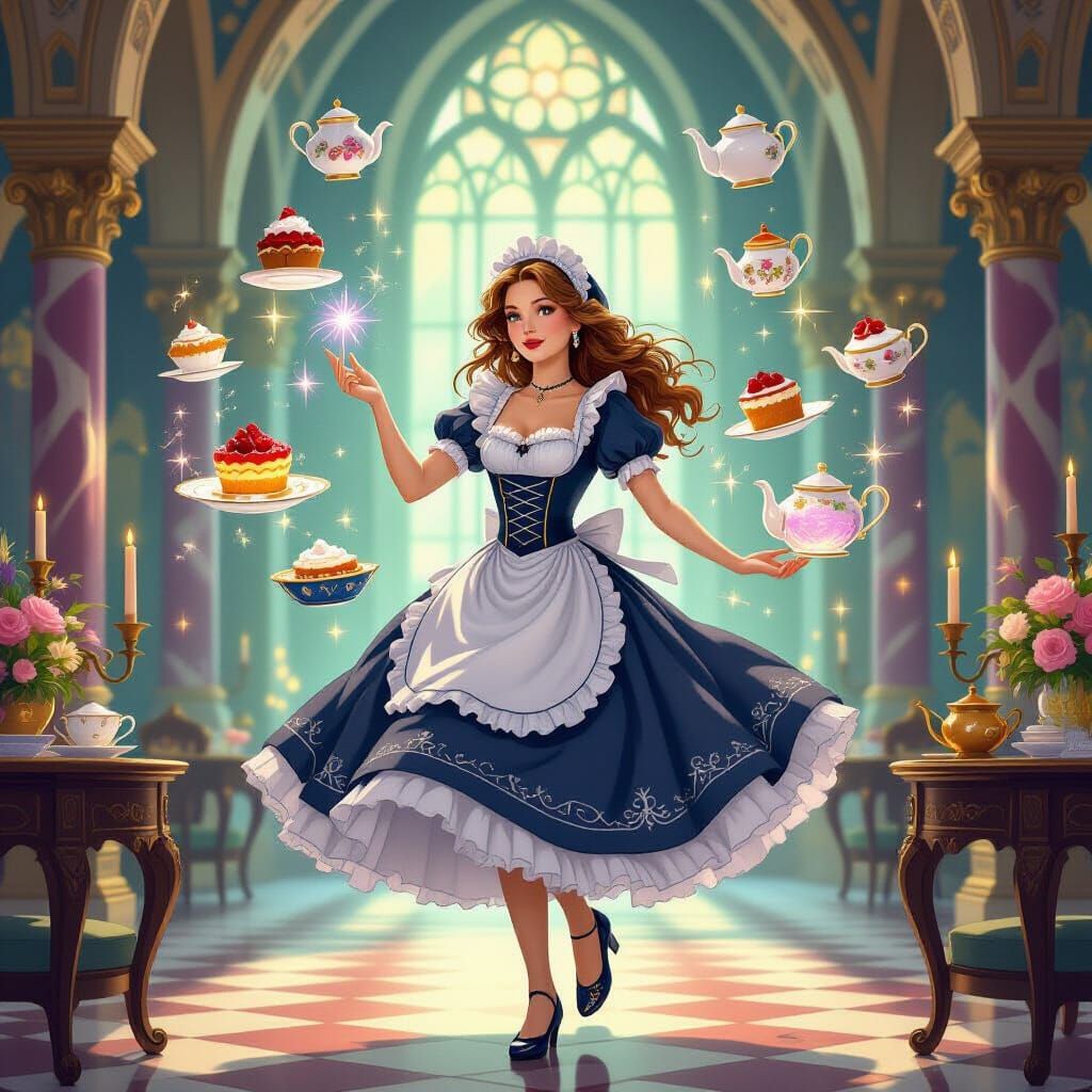 Whimsical Sorceress Levitate Enchanted Desserts in Castle Ha...