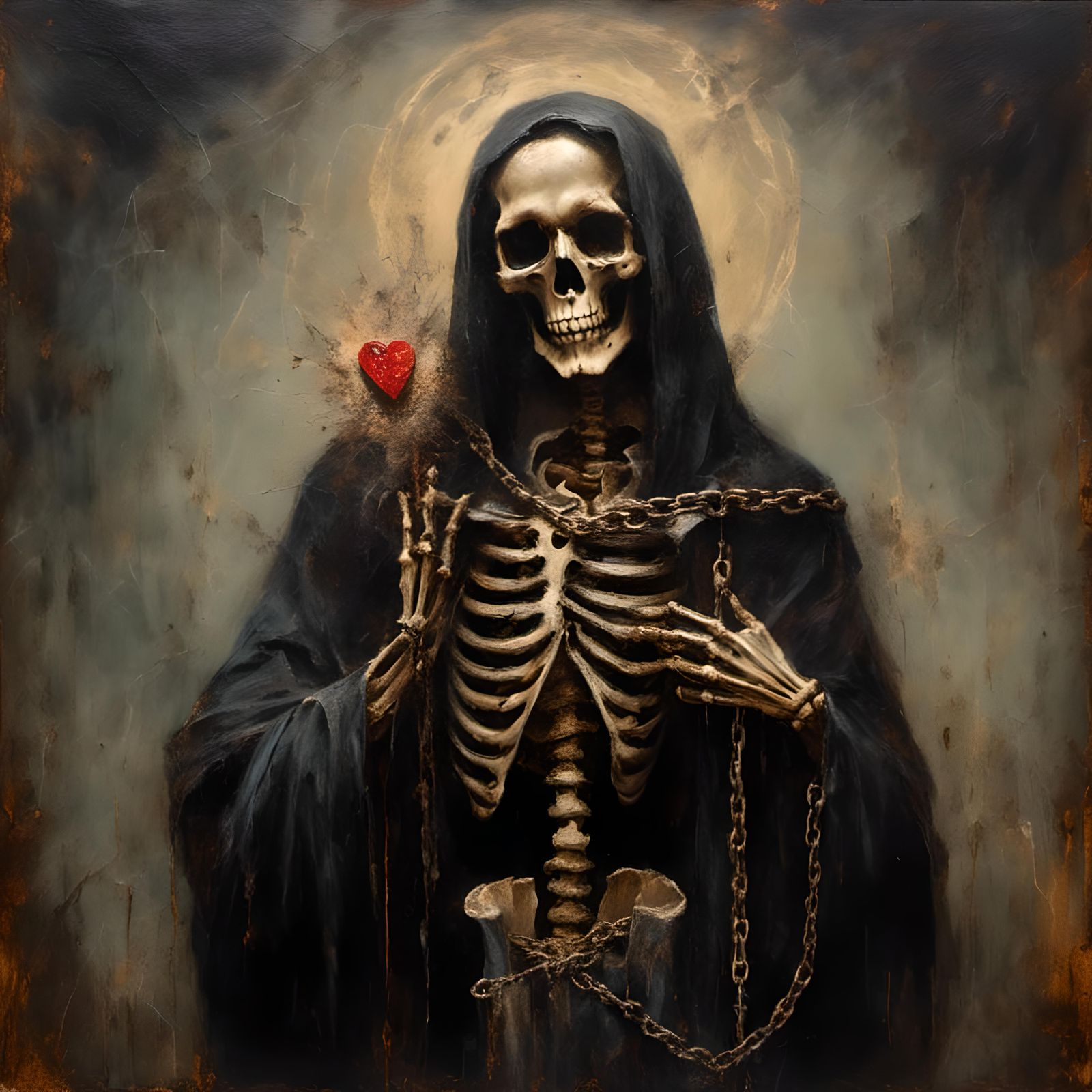 Skeleton Jesus with Chained Heart, Renaissance Oil Painting
