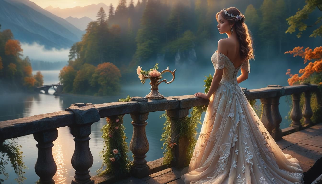 Ethereal Bride Stands on Bridge Over Misty Lake at Sunset