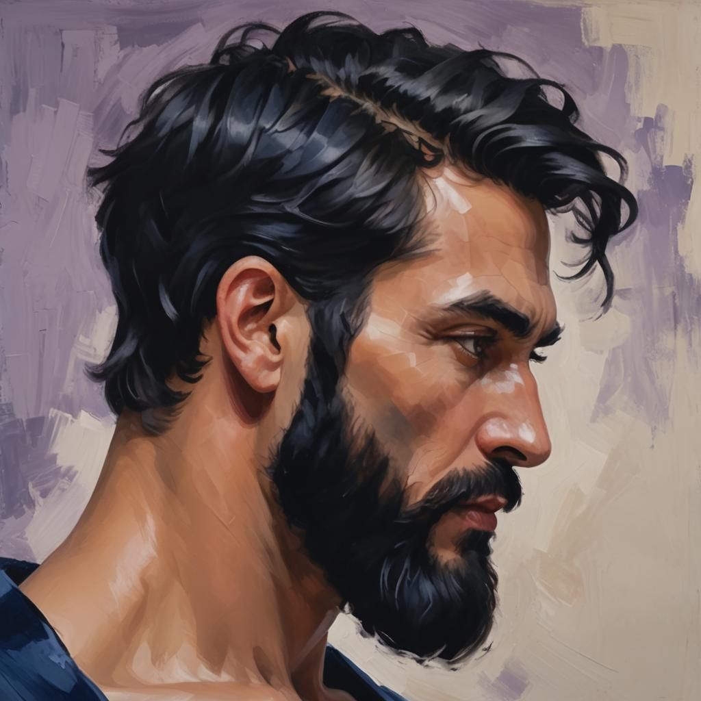 Handsome Man with Black Beard as Impasto Painting