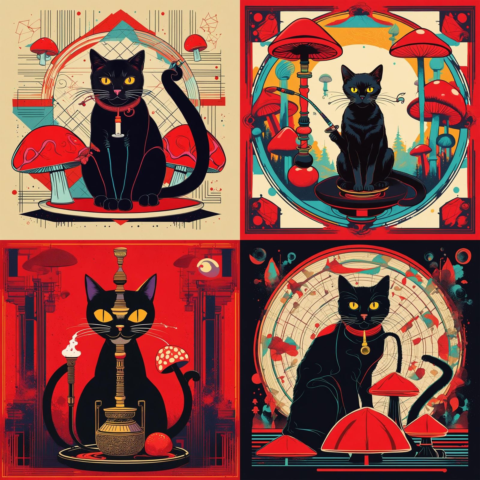 Black Cat Smoking Hookah in Pop Art Style