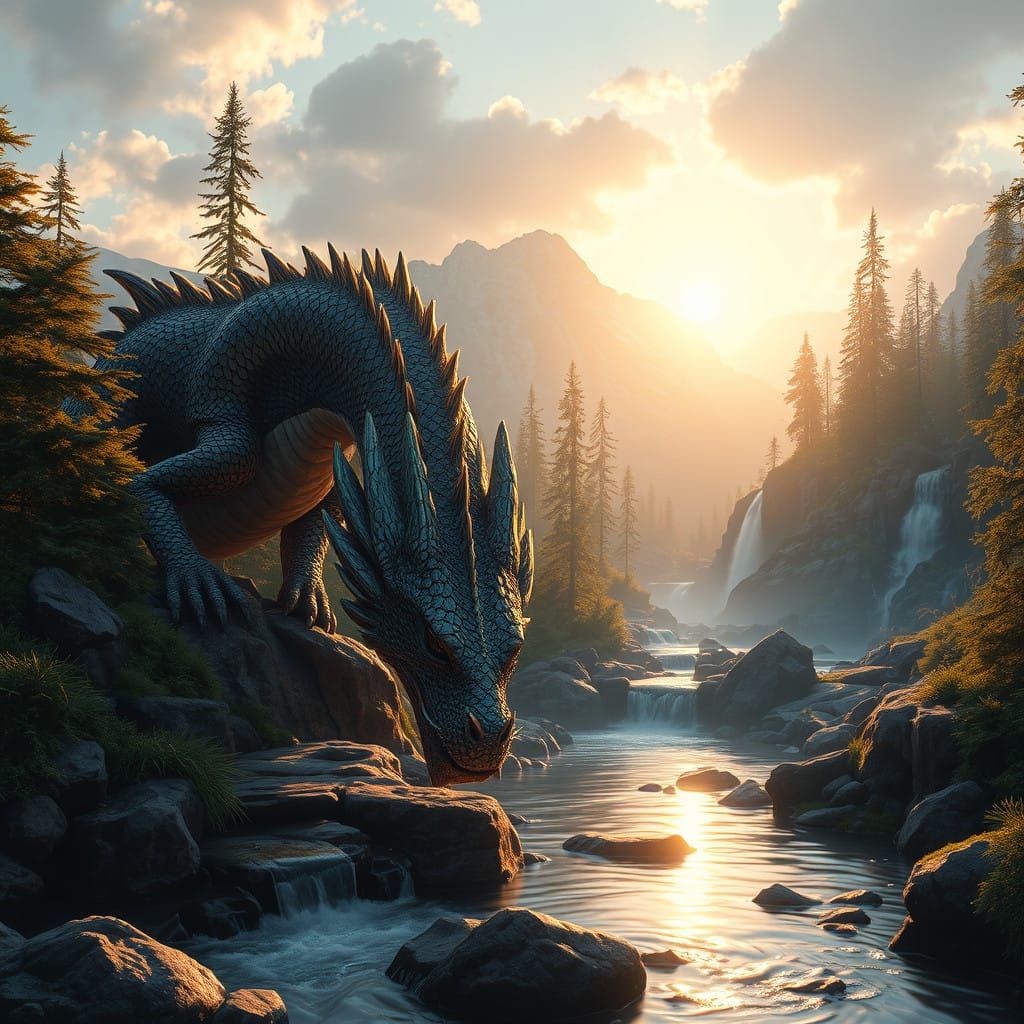 Majestic Dragon Drinks from Serene Mountain Stream at Sunset
