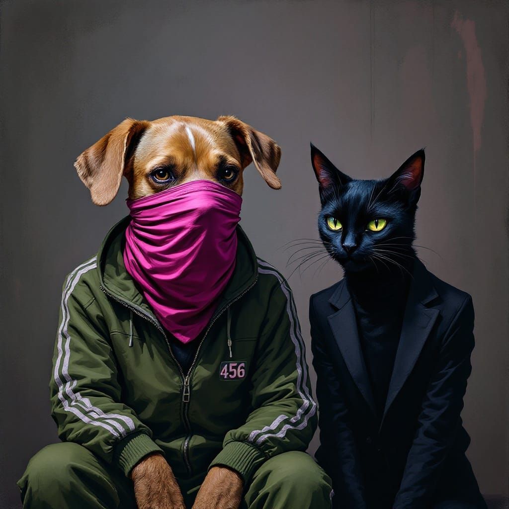 Squid Game-Inspired Dog and Cat in Dark, Moody Setting