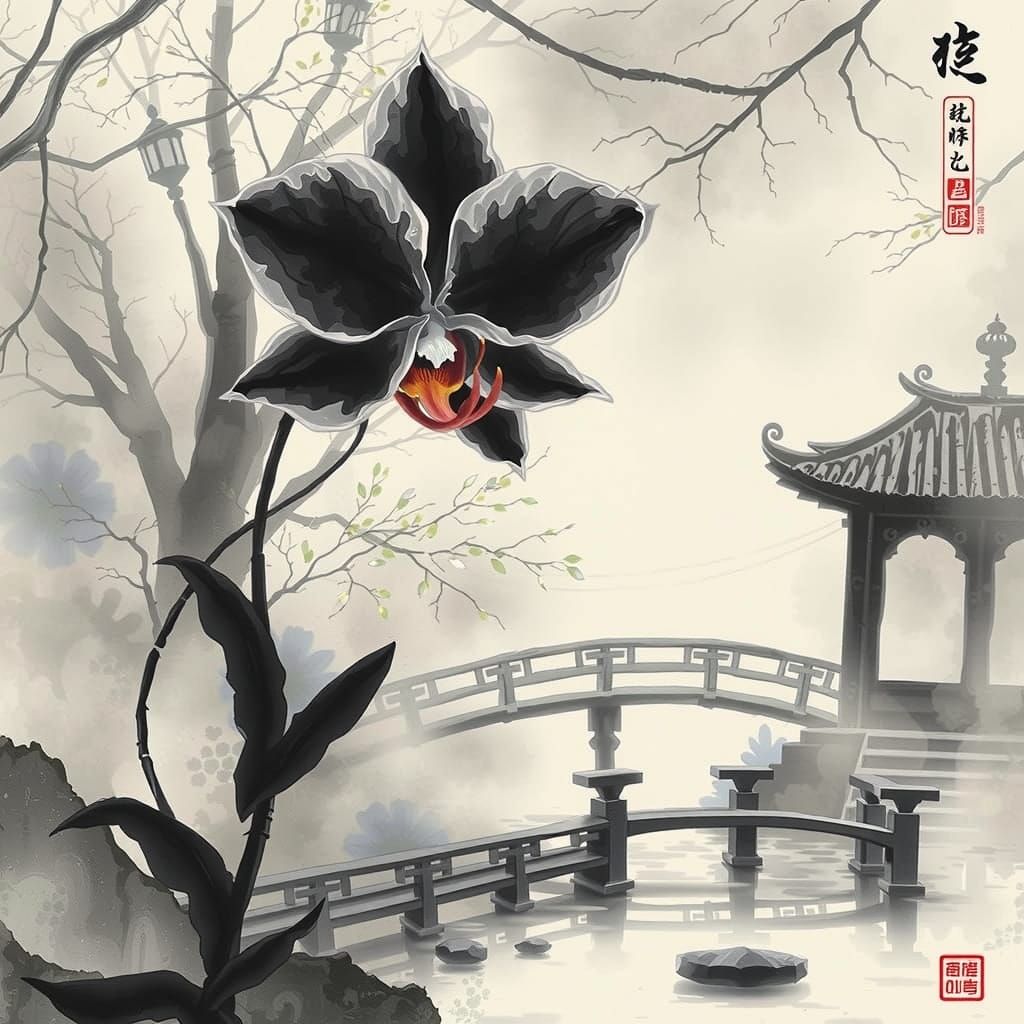 Majestic Black Ghost Orchid in Chinese Watercolor Style