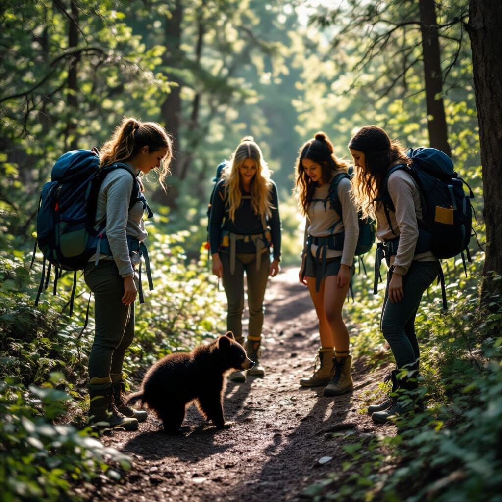 Hikers Encounter Baby Bear in Cinematic Woodland Scene