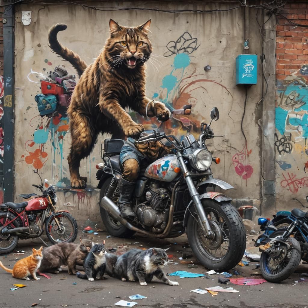 Giant Cat Catches Mice: Graffiti Street Art