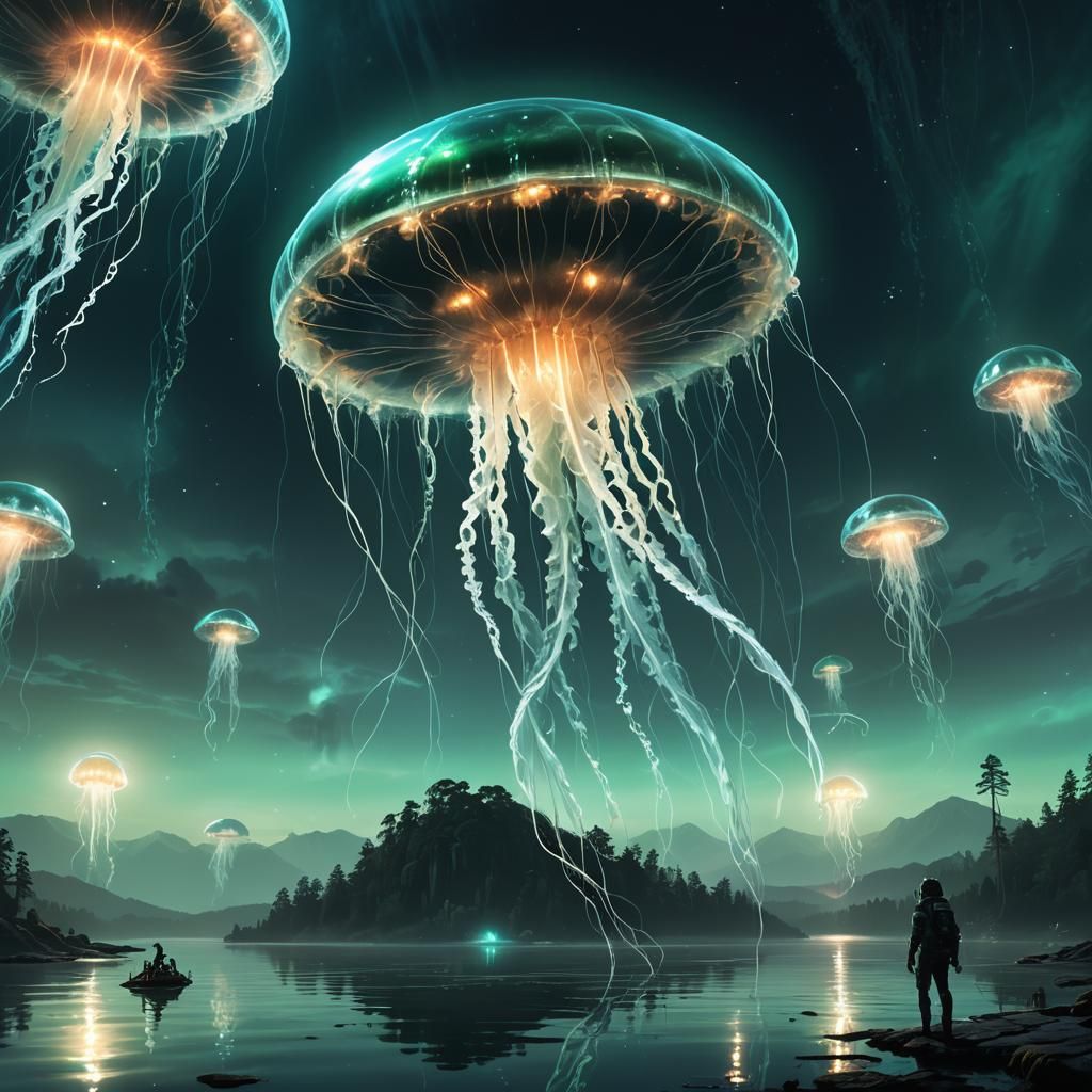Bioluminescent UFO Concept Art Over Dark Lake