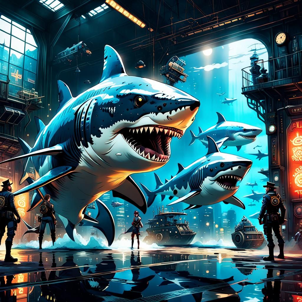 Cyberpunk Steampunk Cyborg Shark Pirate in Anime Style