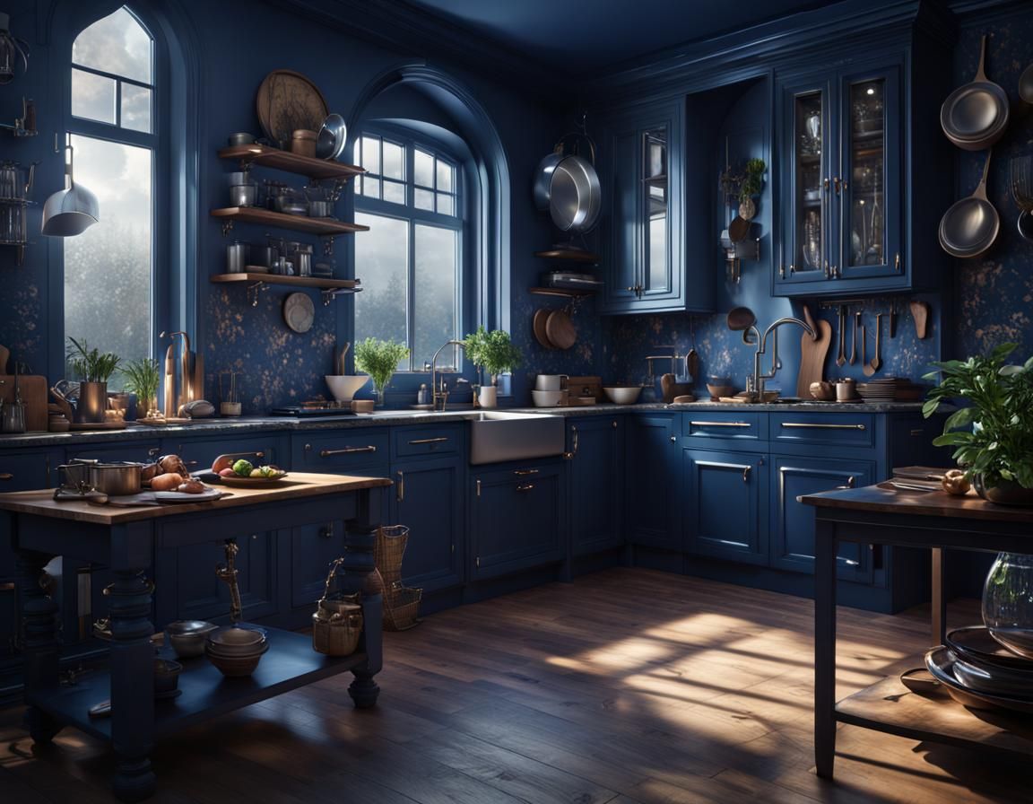 Navy Blue Kitchen Interior in Digital Matte Painting