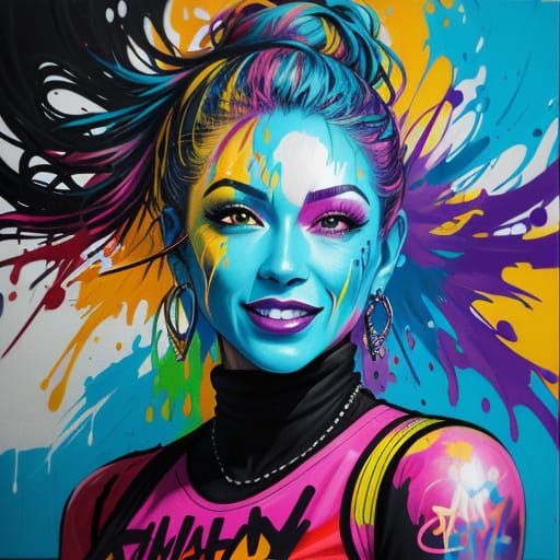 Vibrant Street Art Portrait of a Happy Woman