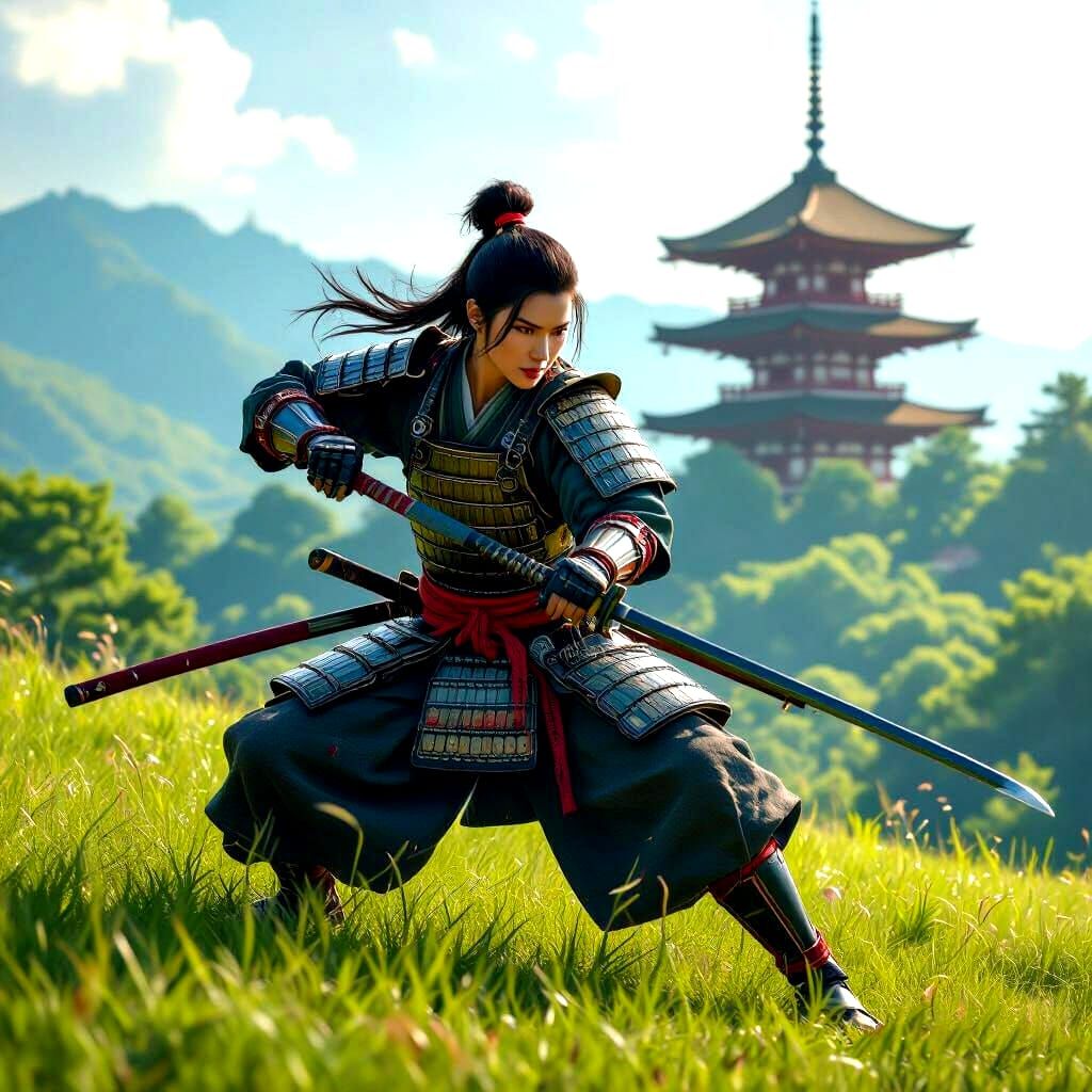 Female Samurai Training with Naginata on Hillside