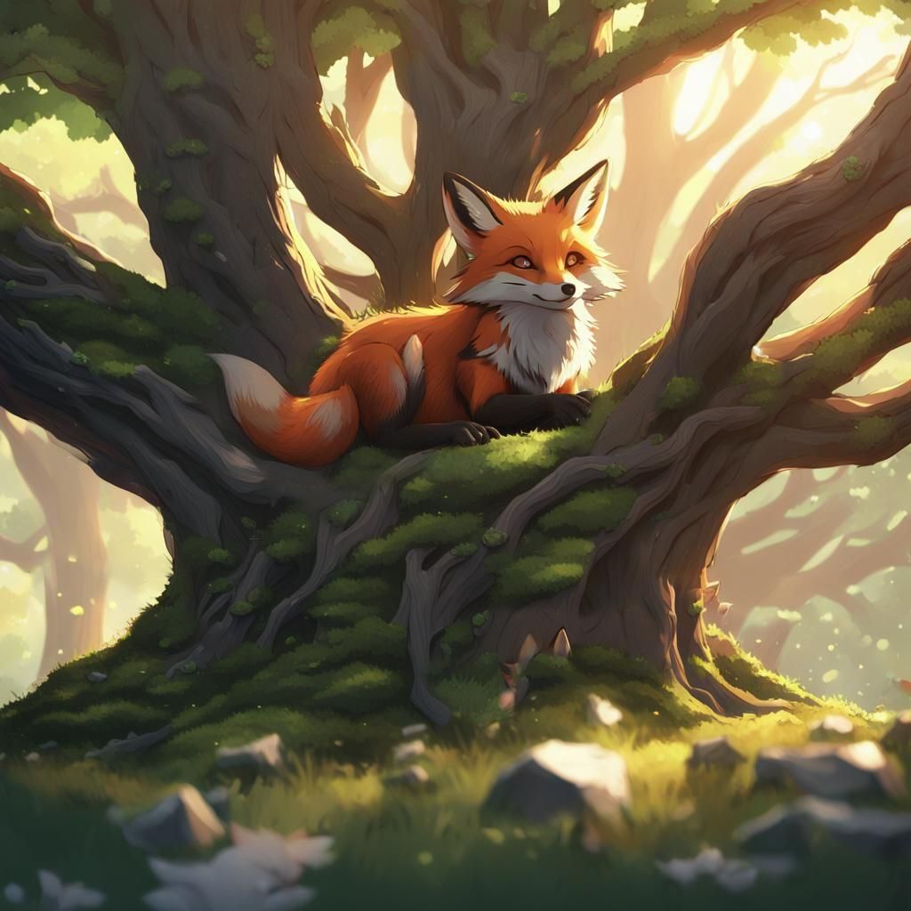 Fox Family in Hollow Log, 3D Anime Art
