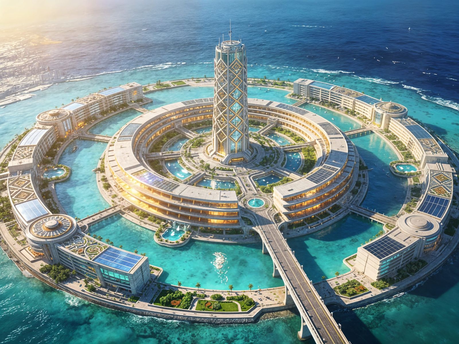 Futuristic Circular Island City in Turquoise Lagoon