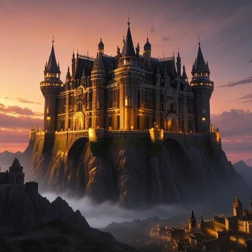 Mountain Castle at Sunset: Digital Matte Painting