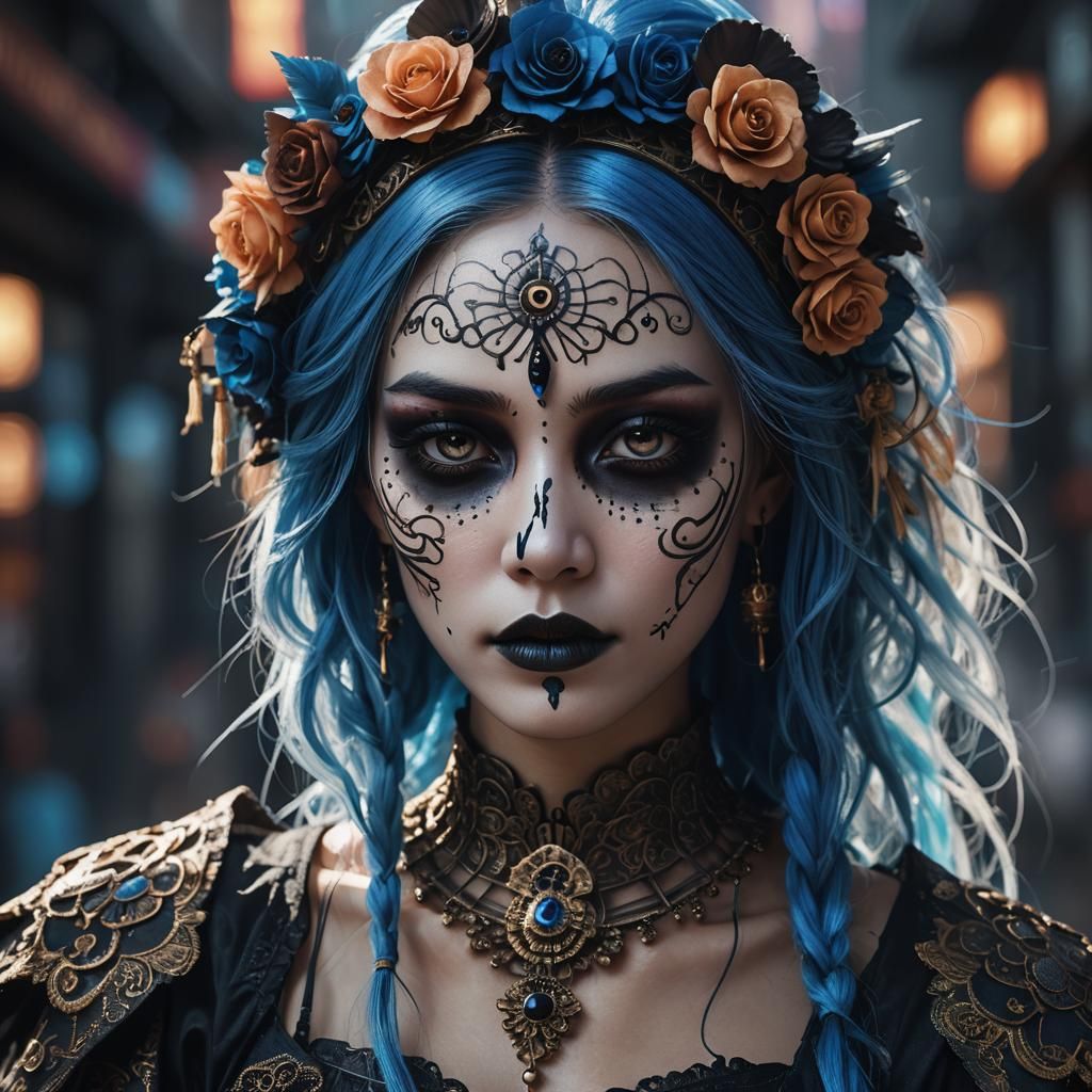 Chinese Woman as Catrina with Blue Hair