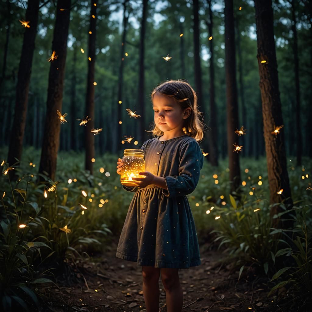 Girl with Fireflies in Forest at Night