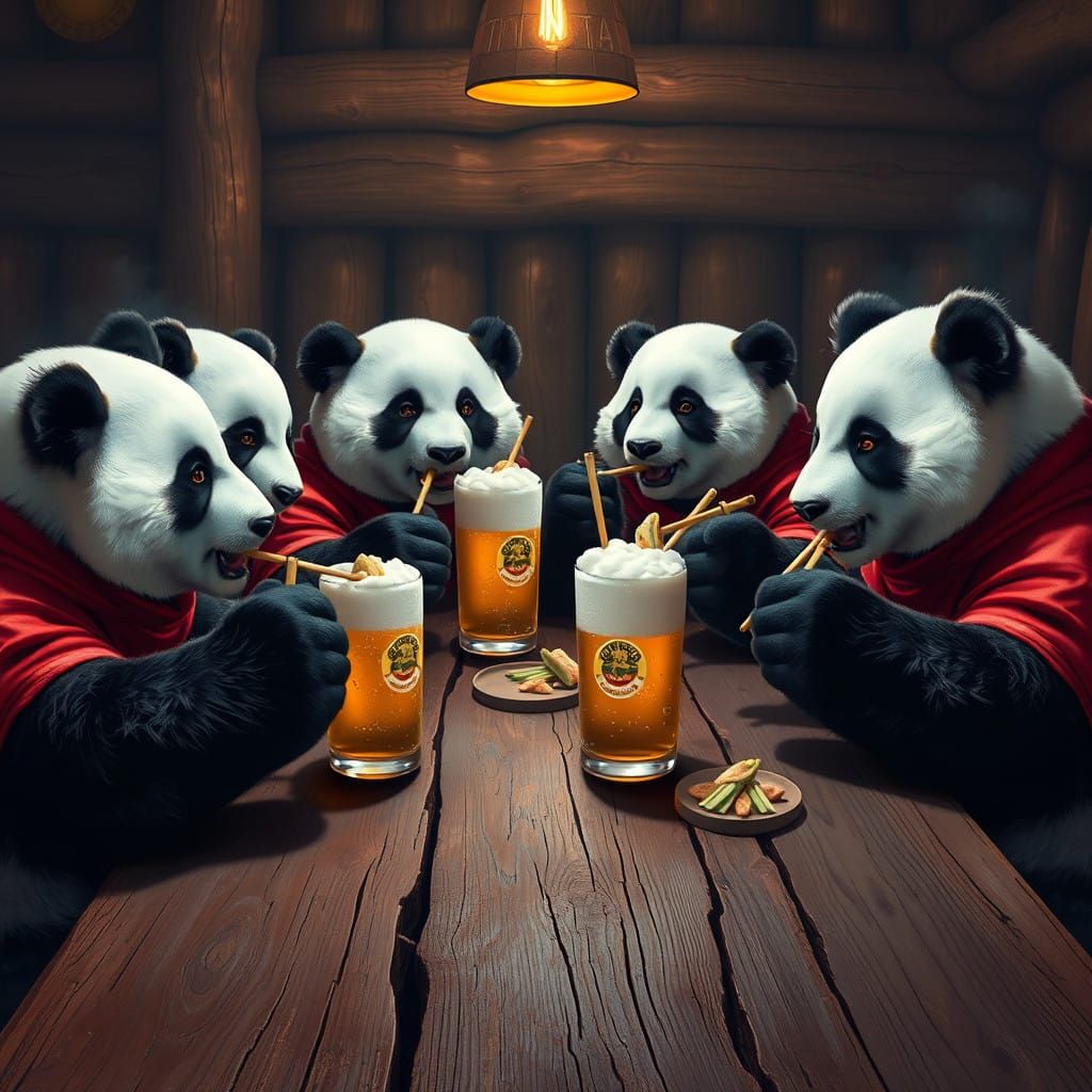 Pandas Enjoy a Beer Party in a Fantastical Setting