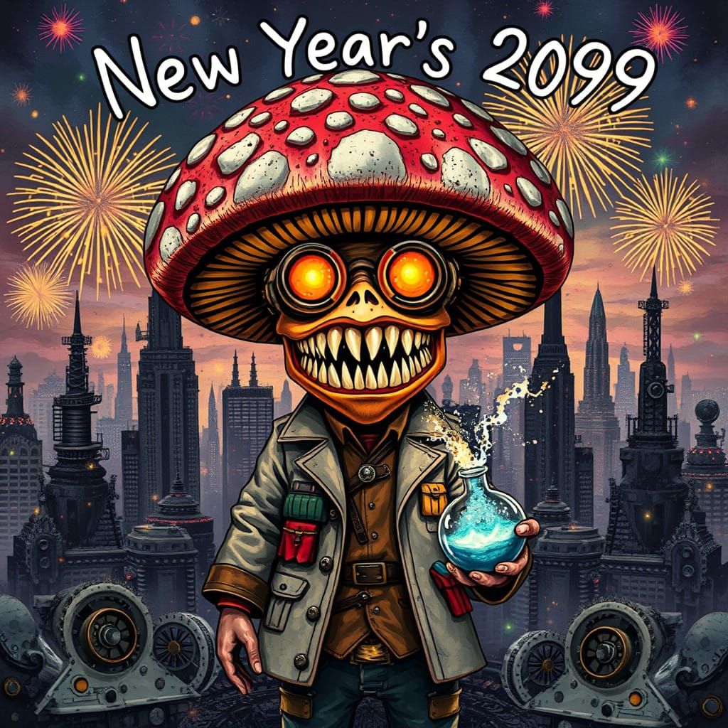 A humanoid mushroom mad scientist Happy New Years 2099.