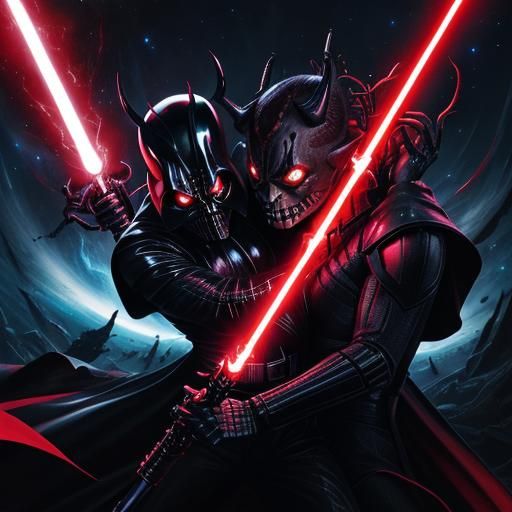 Venom and Darth Maul Symbiotic Fusion in Surreal Galaxy
