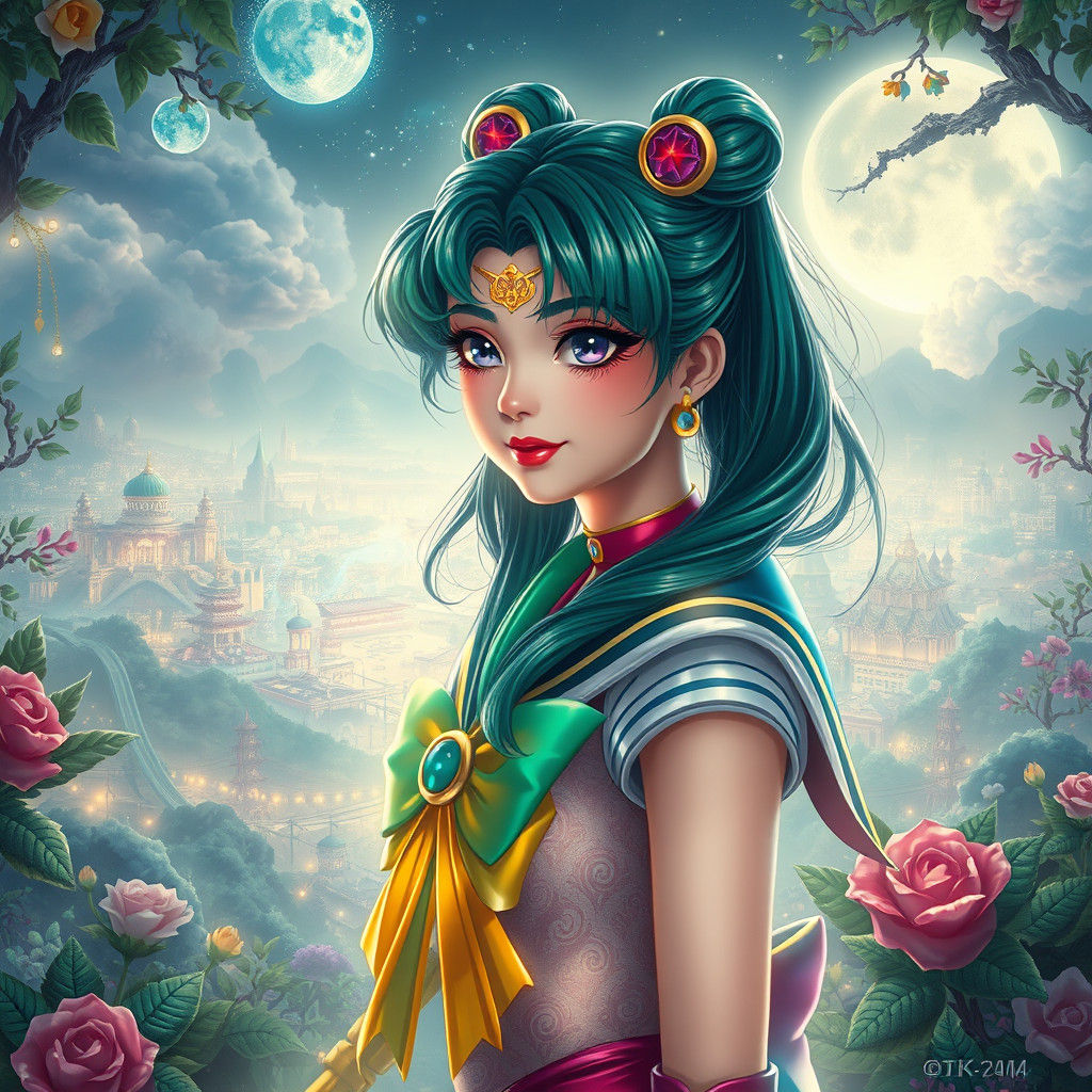 Sailor Moon in Dreamlike Fantasy Cityscape