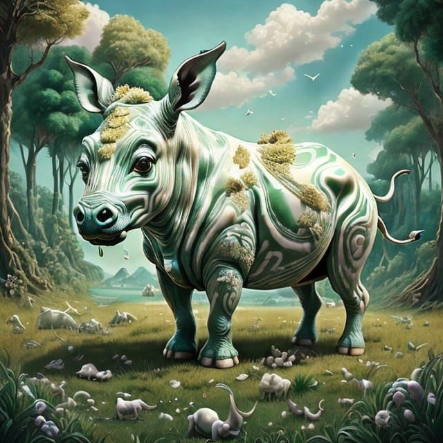 Surreal Ivory Buttercream Rhino in Golden Grasslands