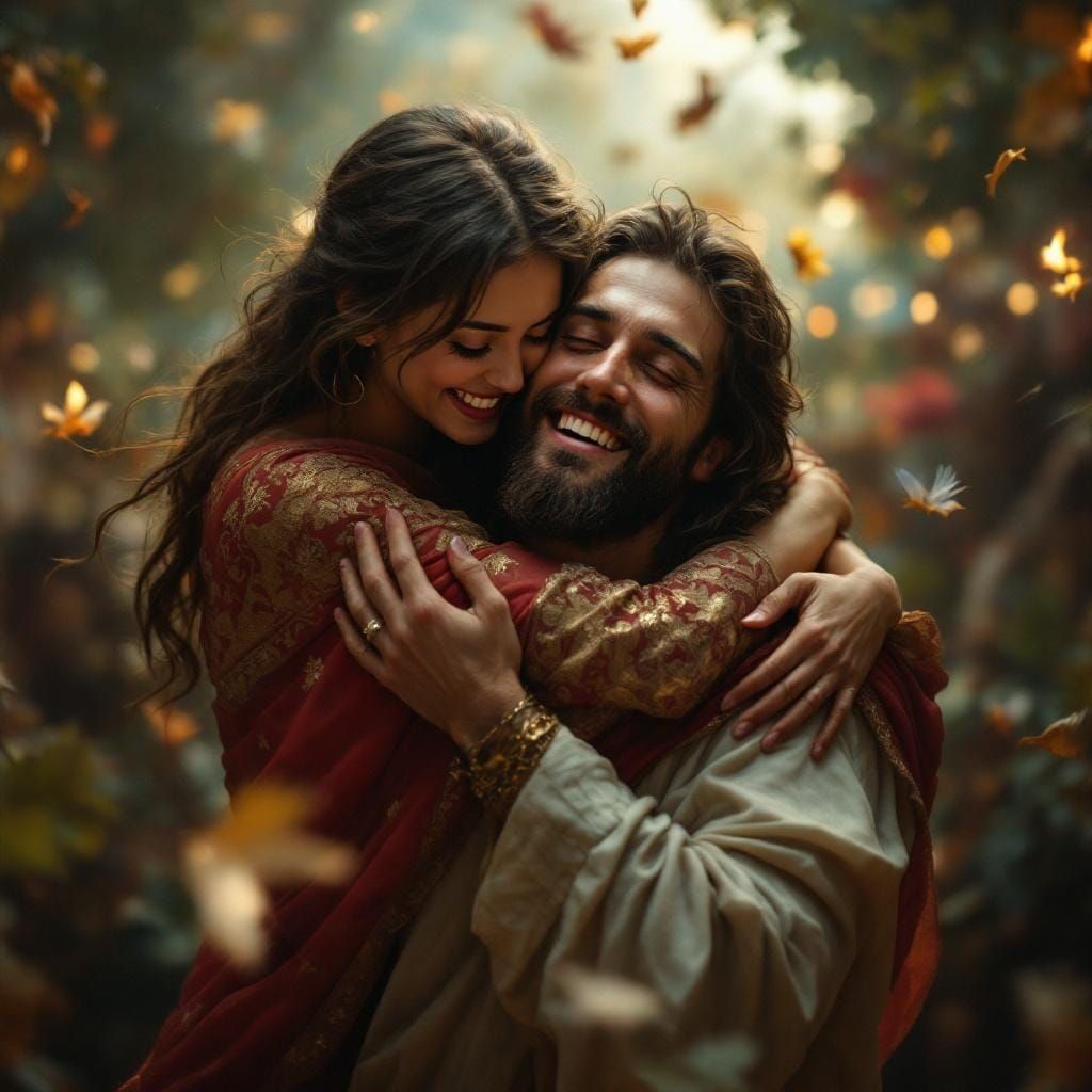Joyful Woman Hugging Jesus Christ: Digital Painting