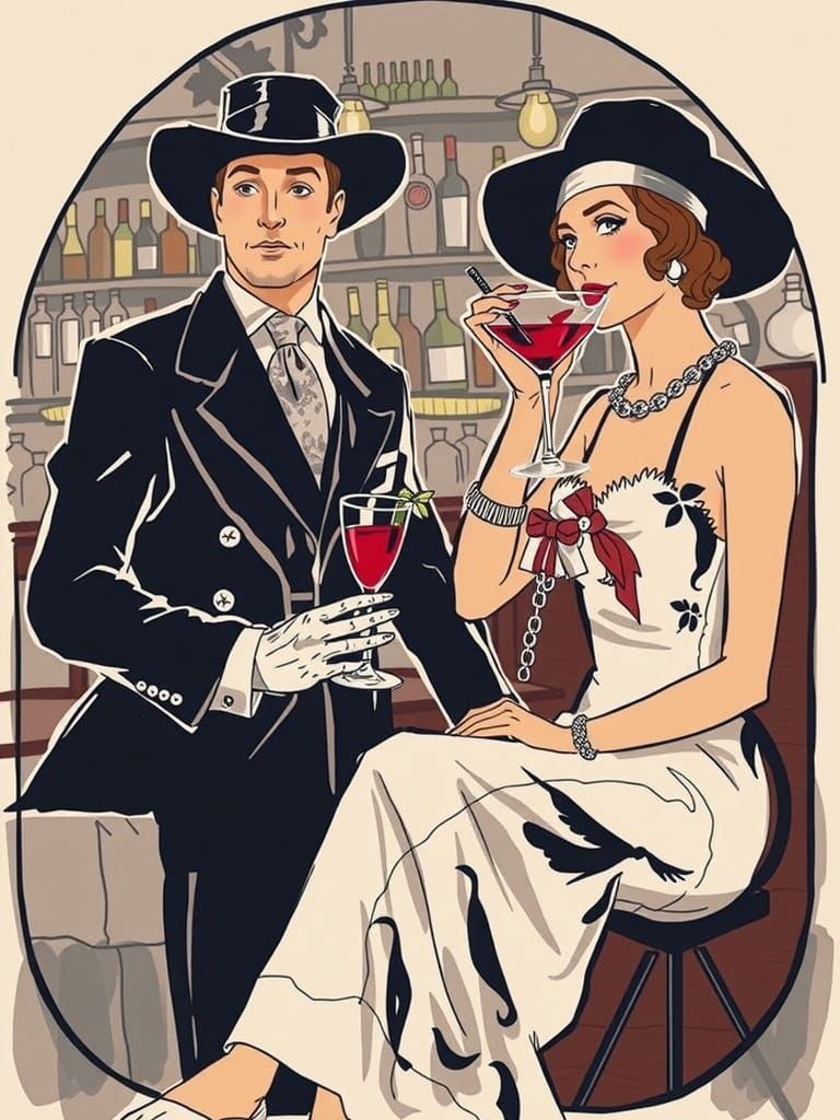 Men wearing zoot suits, ladies in flapper dresses, sipping c...