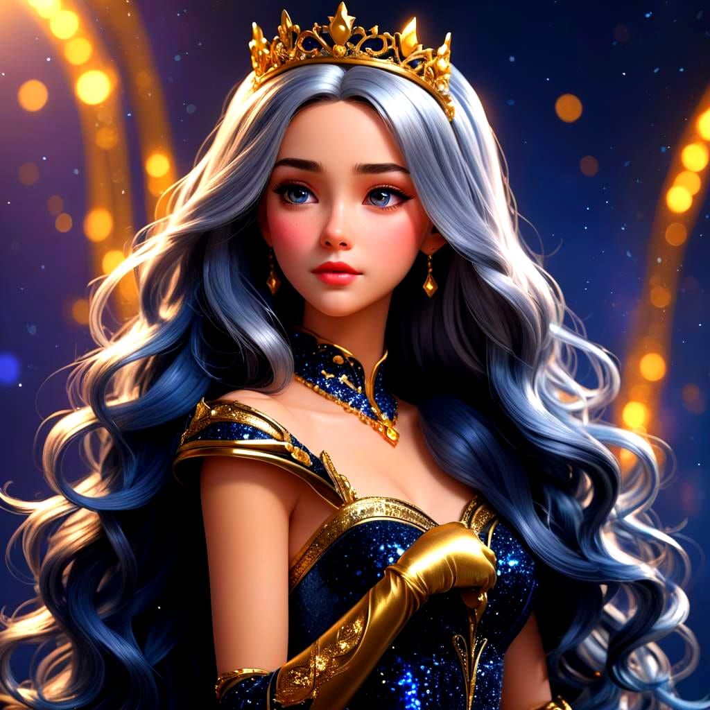 Stunning Princess of the Night in Shimmering Dark Blue Gown