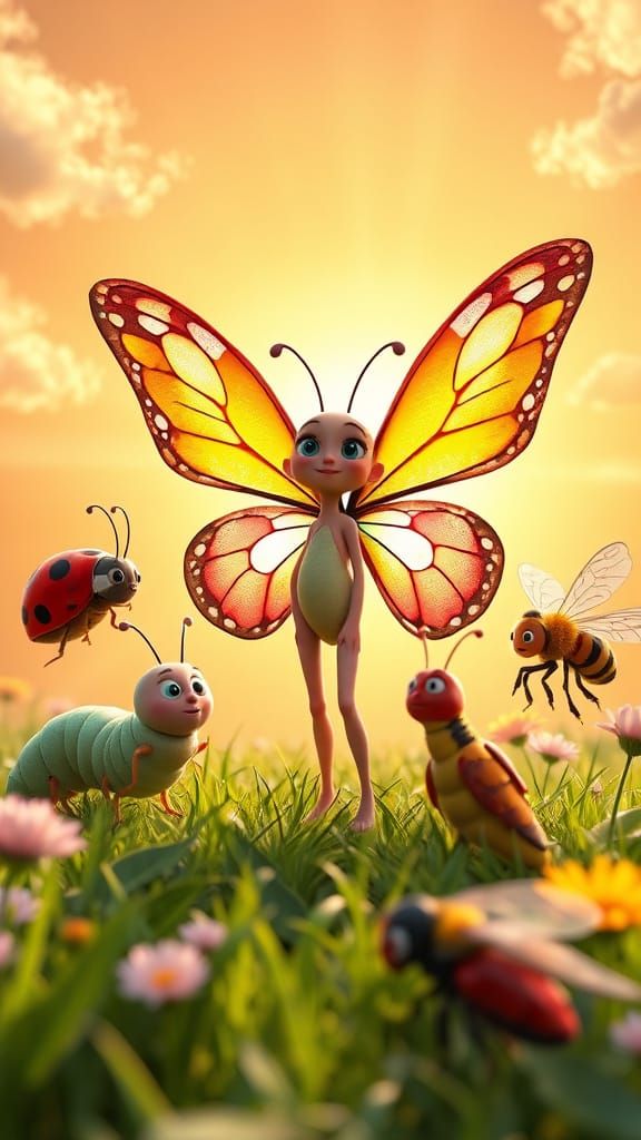 Surreal Scene of Butterfly Empowering Friends in Lush Sunset...