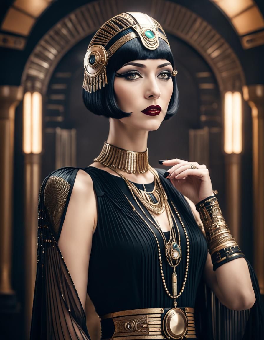 Art Deco Steampunk Flapper Girl with Cleopatra Eyeliner
