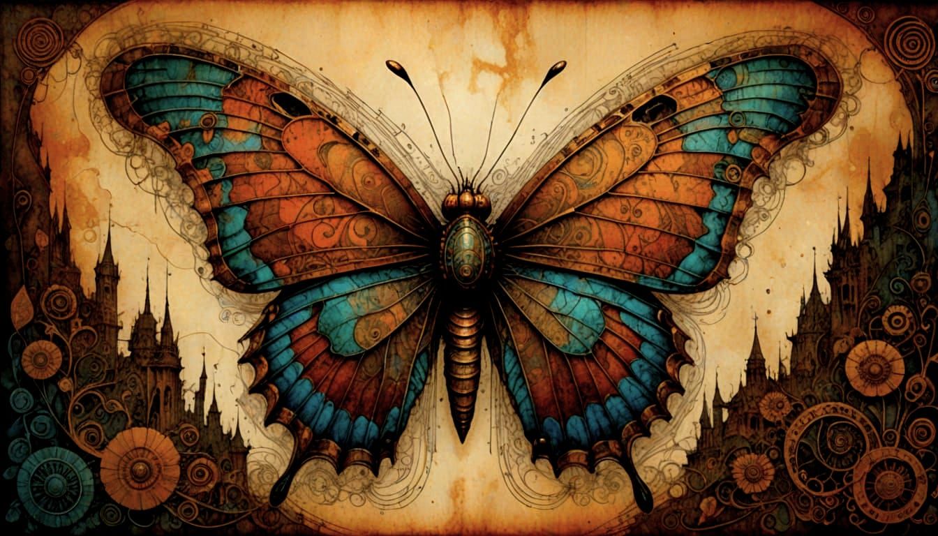 Mechanical Copperwing Butterfly in an Iridescent Zentangle S...