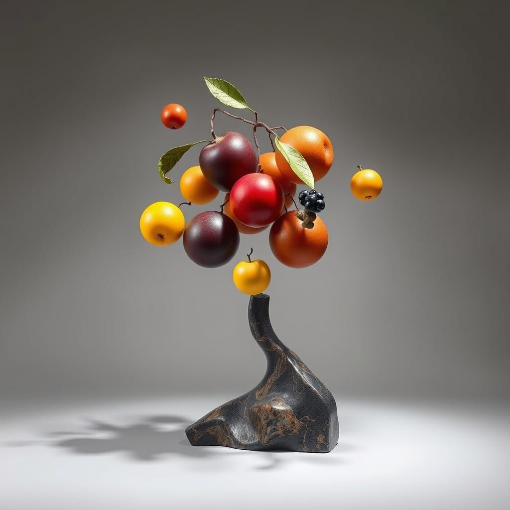 Fruit Forms in Mid-Air as Surrealist Sculpture