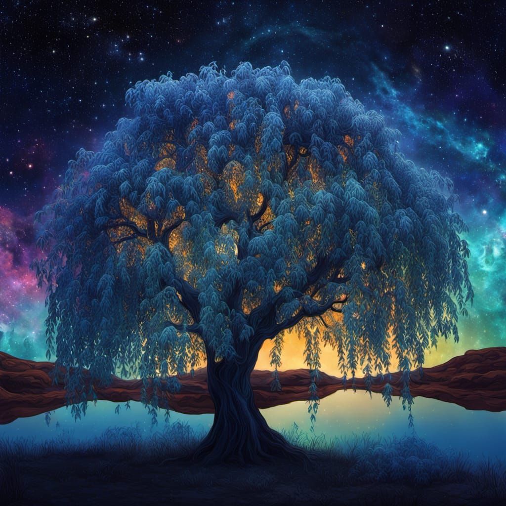 Willow Tree of Stardust in Cosmic Twilight
