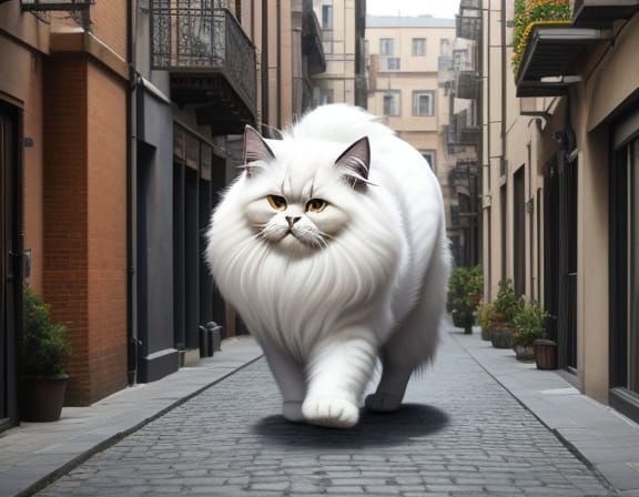 Giant Persian Cat in Miniature Cityscape