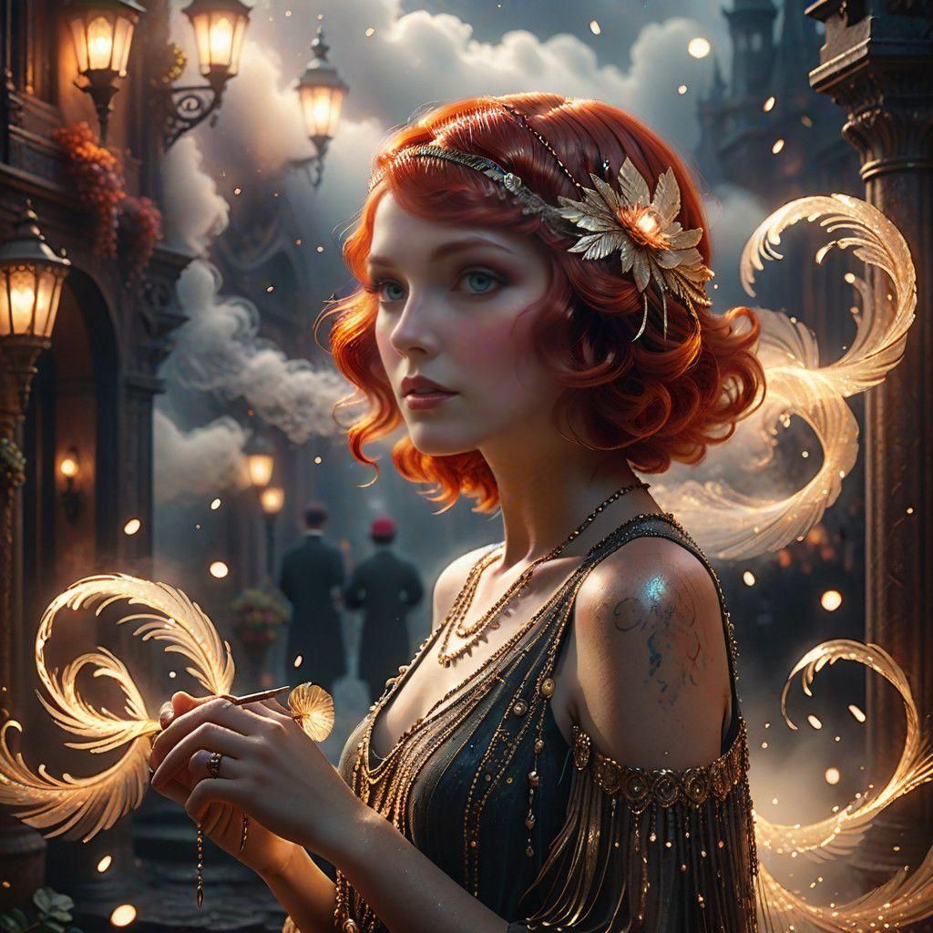 Ethereal Flapper Queen in Whimsical Misty Dreamscape
