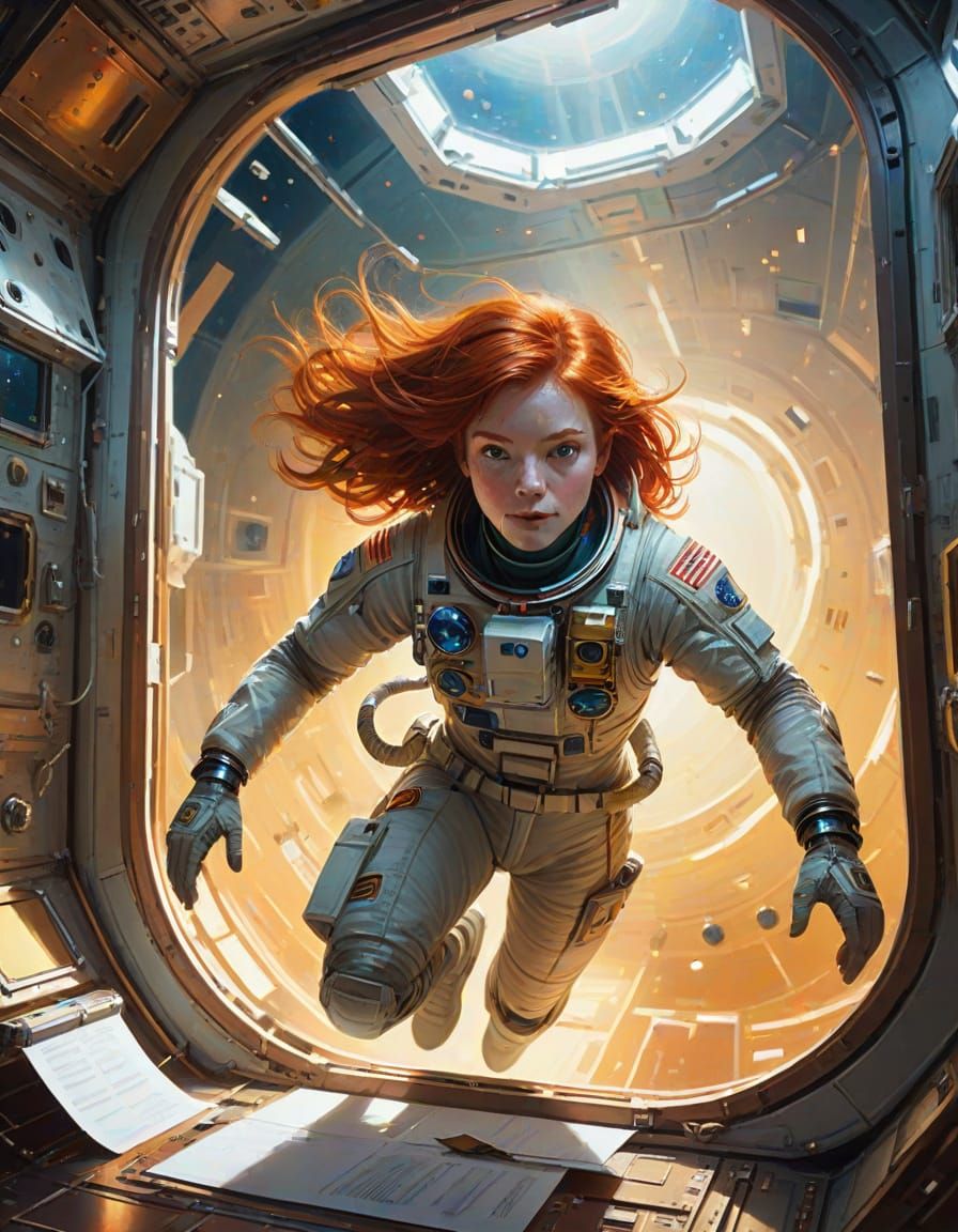 Red-Haired Astronaut in Zero Gravity Oil Painting