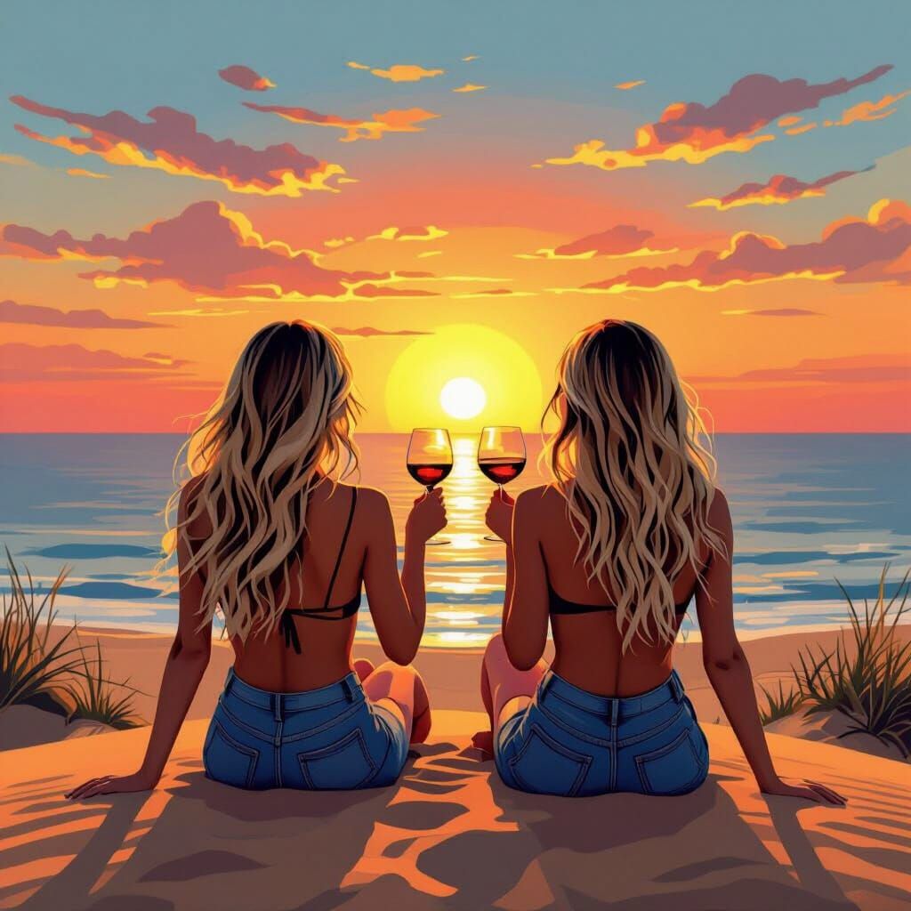 Women Admire Sunset Over Calm Sea in Pop Art Style