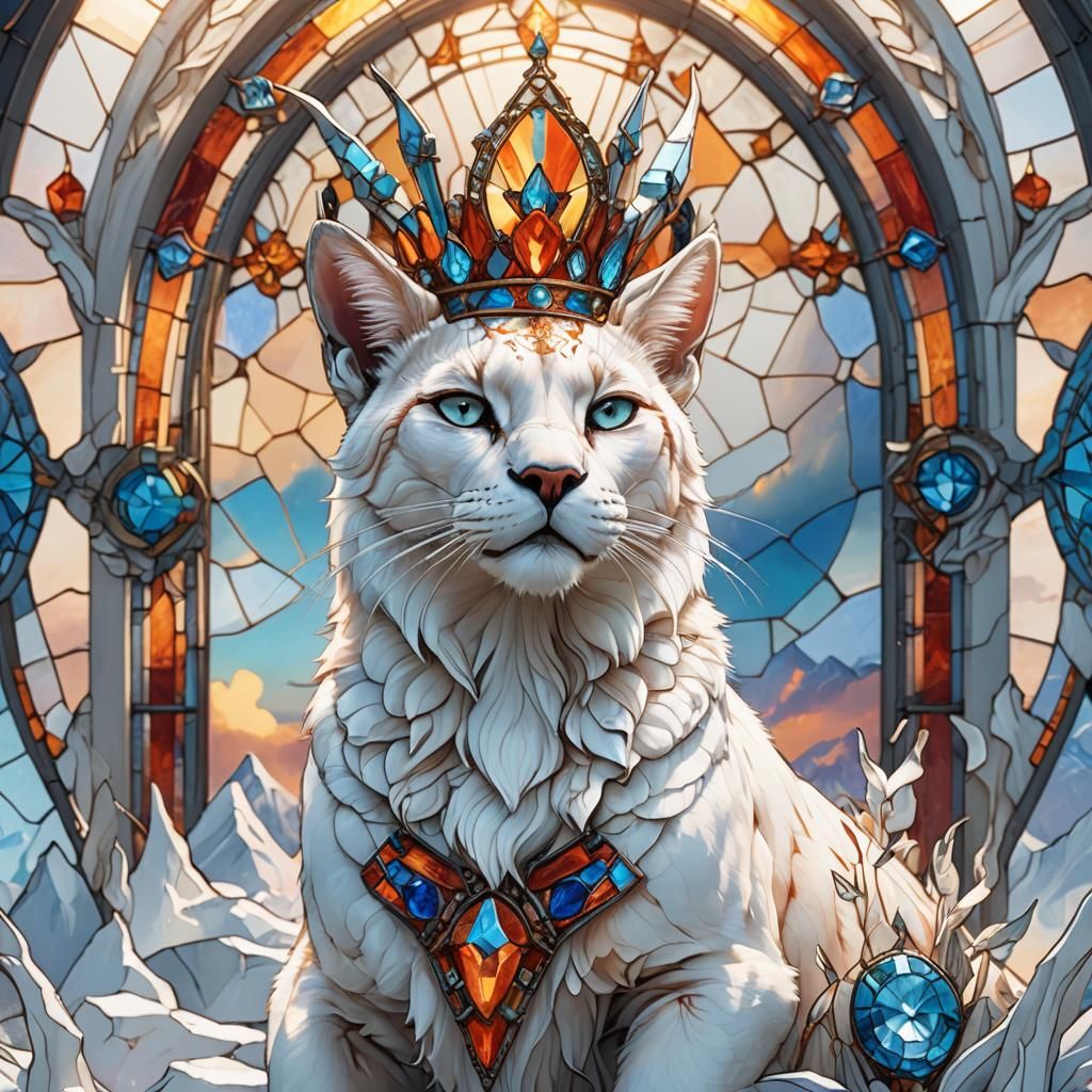 Caracal in Stained Glass Crown: Digital Fantasy Art