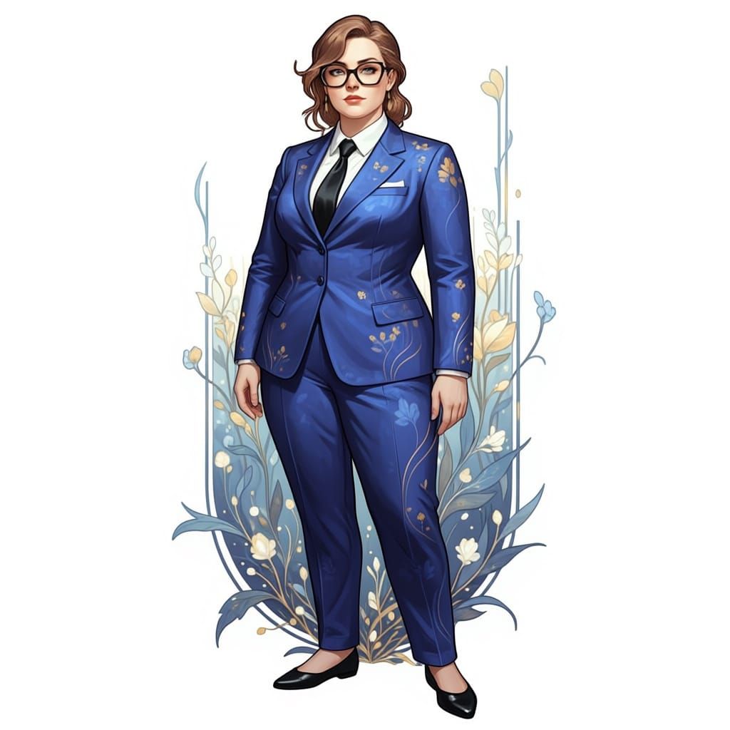Plus-Size Businesswoman in Blue Suit on White Background