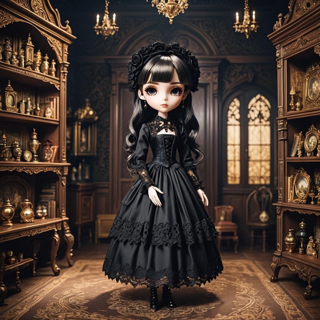 Gothic Pullip Doll in Victorian Dollhouse, Cel-Shaded