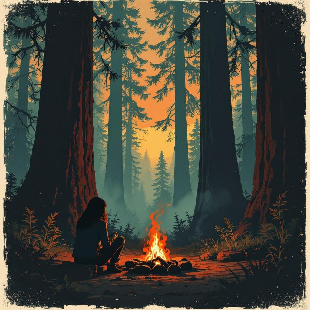 Eerie Campfire Scene in Redwood Forest at Dusk