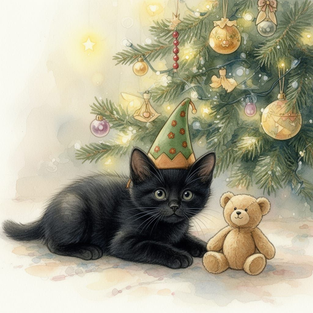 Charming Watercolour Kitten Portrait with Teddy Bear