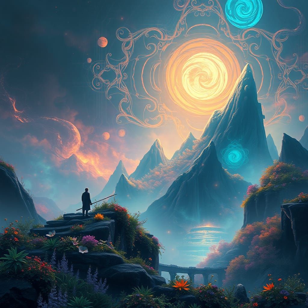 Mystical Figure in Dreamlike Iridescent Landscape