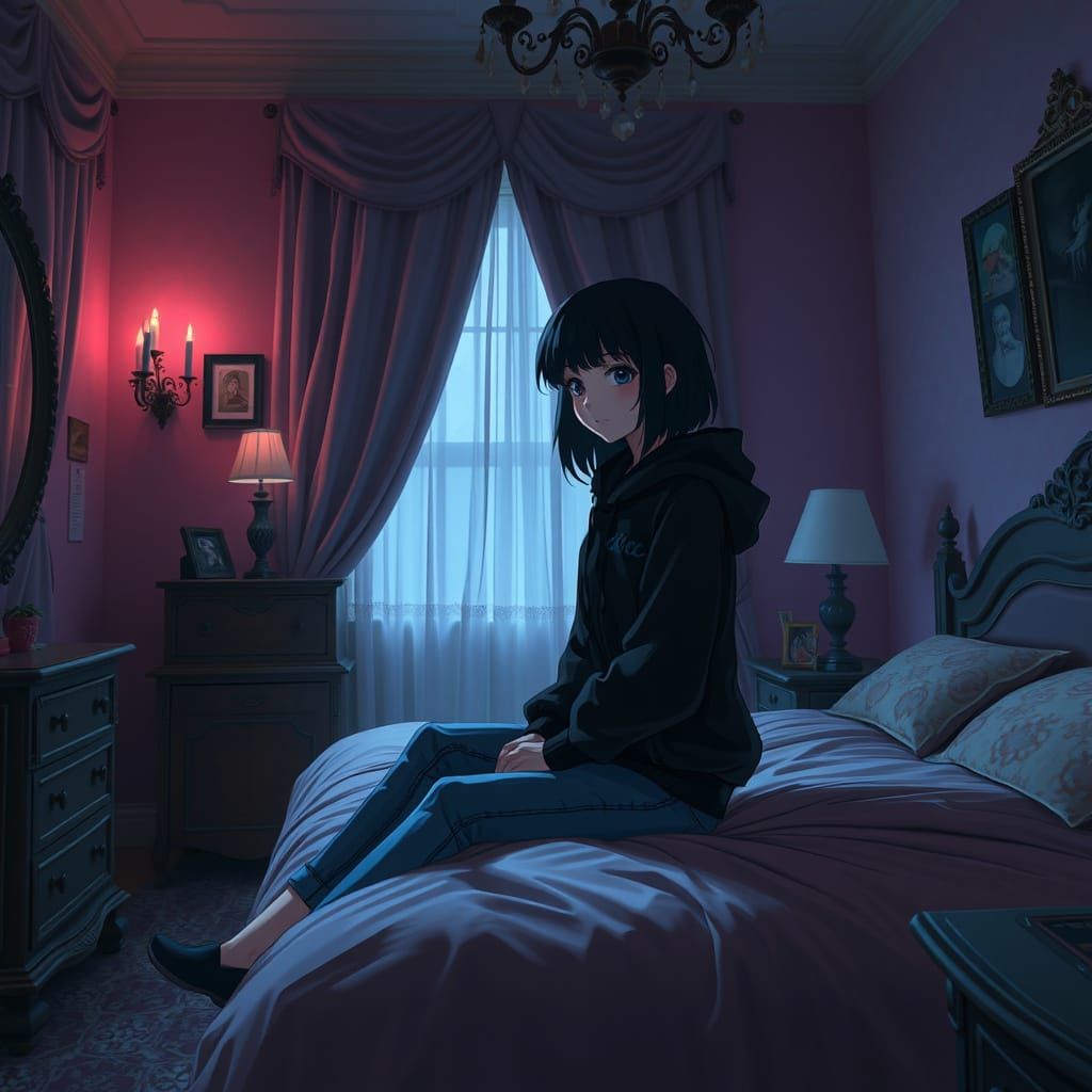 Anime Girl in Victorian Gothic Bedroom