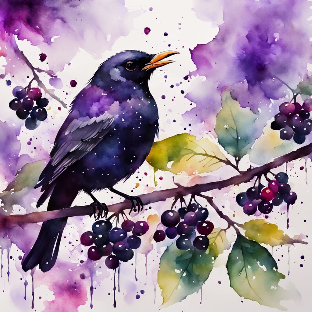 Blackbird Feasting on Elderberries in Watercolor