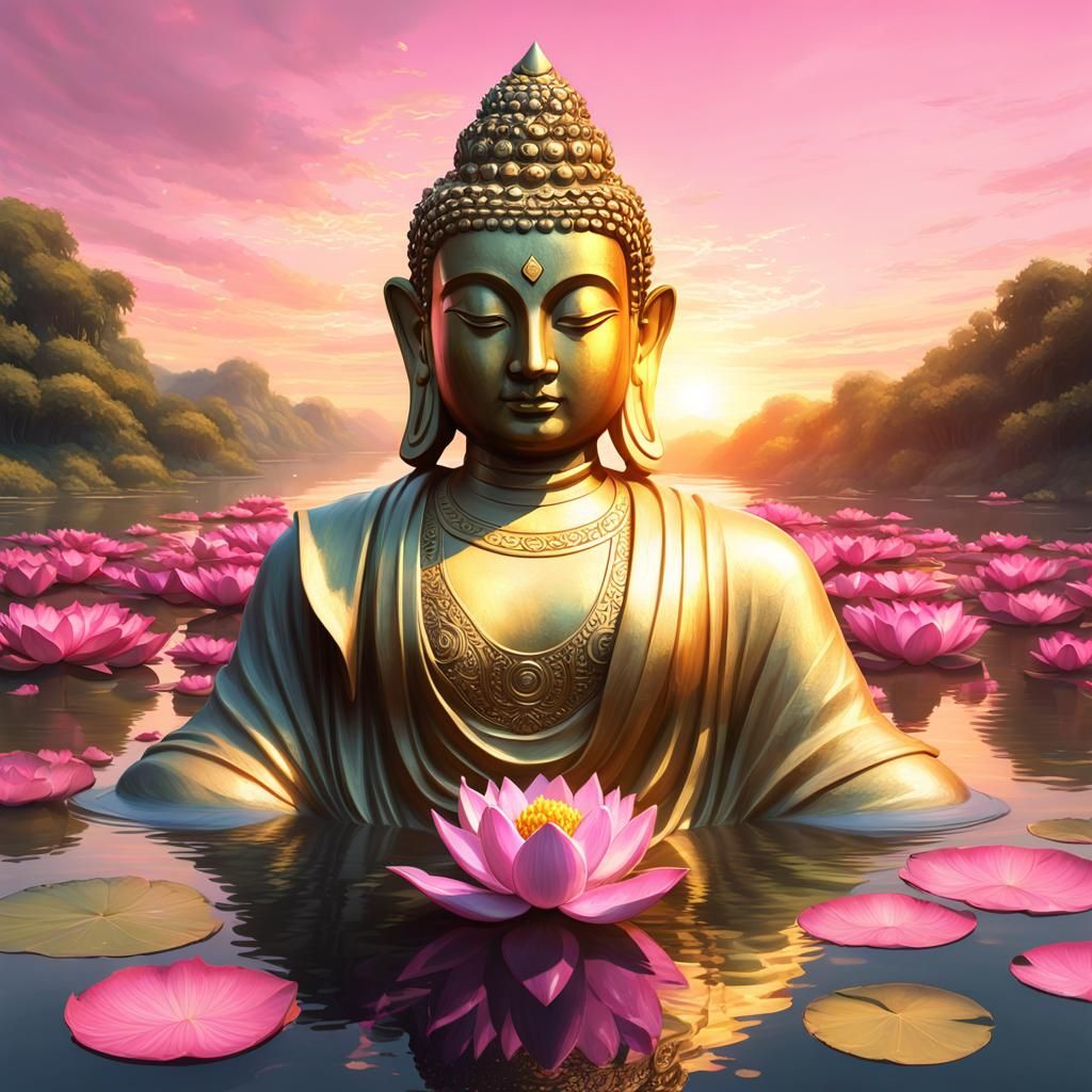 Buddha on Lotus Flower with Golden Sky