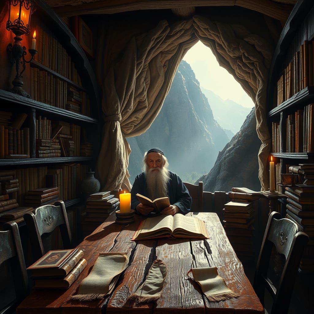 Rabbi in Mountain Library, Rembrandt and Gothic Style