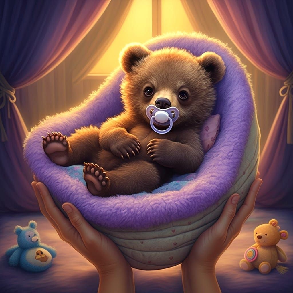 Baby Grizzly Bear's Cozy Nap in Violet Cradle