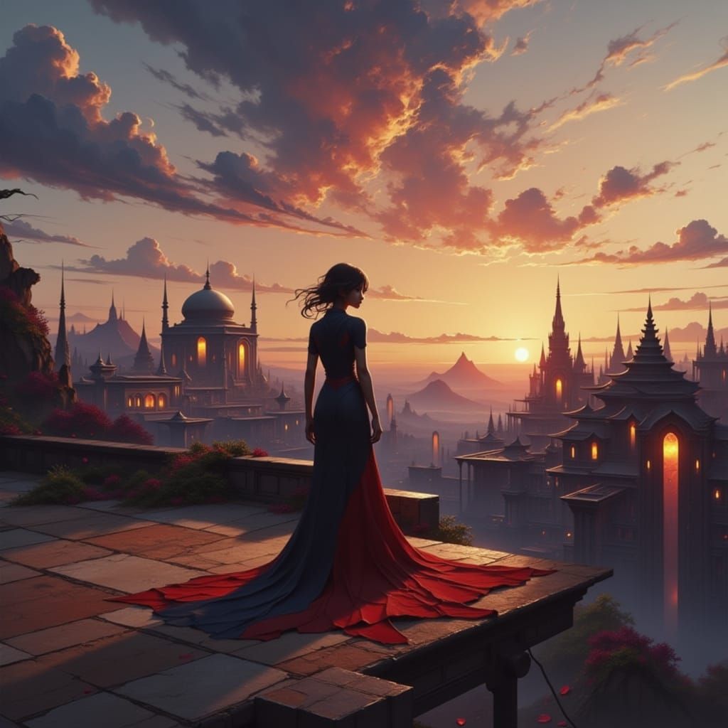 Elegant Woman Admires Retro-Futuristic Cityscape at Sunset